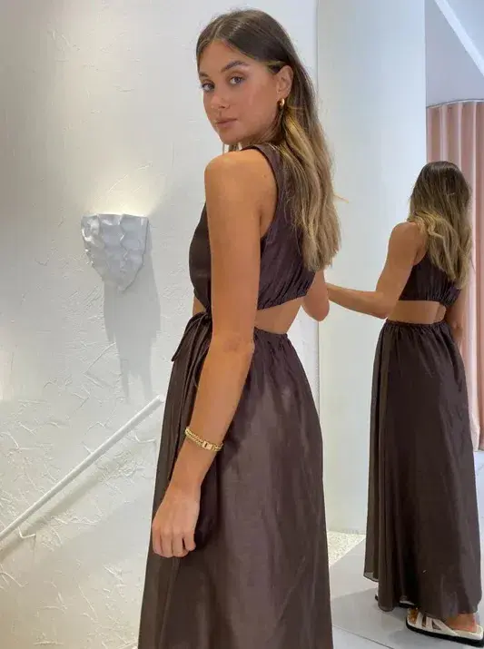 Sir the Label Anje Asymmetrical Cut Out Dress in Chocolate Size 1 / AU 8 for rent on The Volte - main image