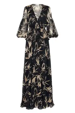 Shona Joy Monterey Shirred Lace Up Maxi Dress in Black/Wheat Print Size AU 8 for rent on The Volte - image 6