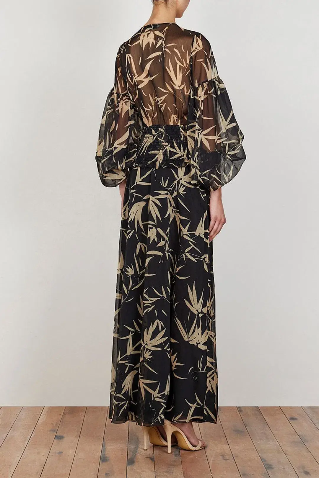Shona Joy Monterey Shirred Lace Up Maxi Dress in Black/Wheat Print Size AU 8 for rent on The Volte - main image