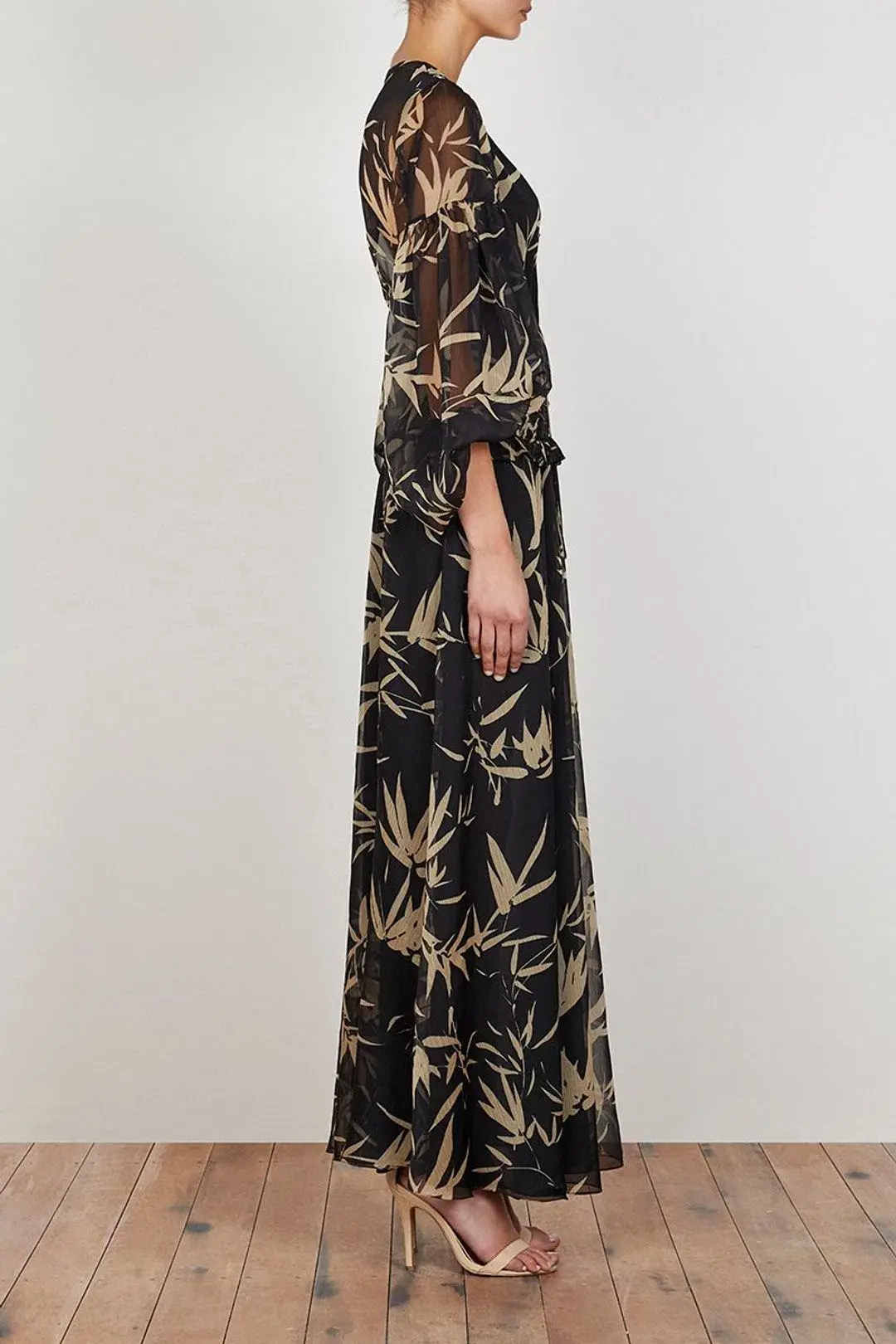 Shona Joy Monterey Shirred Lace Up Maxi Dress in Black/Wheat Print Size AU 8 for rent on The Volte - main image
