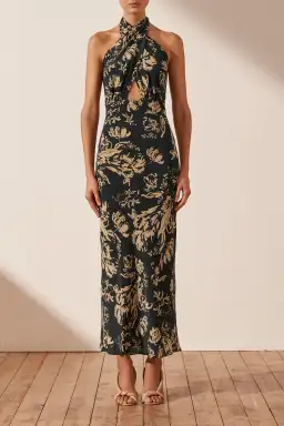 Shona Joy Dawn Silk Cross Front Halter Midi Dress Print Size S/Au 8 for rent on The Volte - image 3