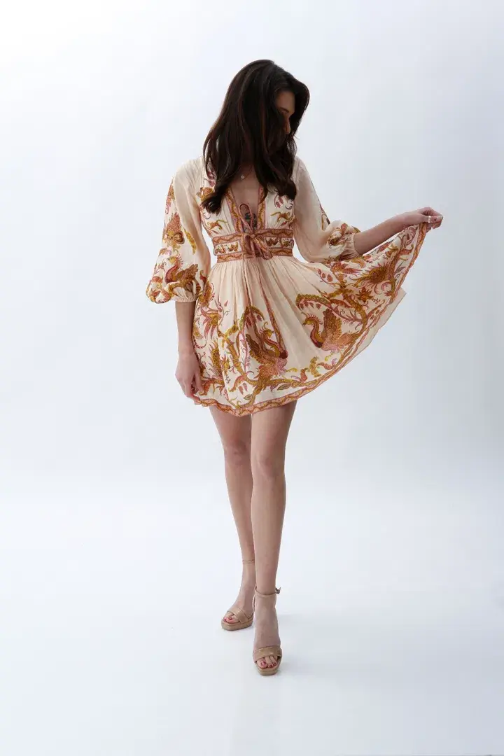 Zimmermann Cassia Plunge Bow Mini Dress Cream Bird Floral Size 0 / AU 8 for rent on The Volte - main image