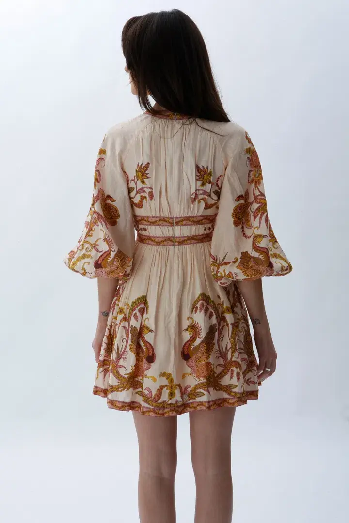 Zimmermann Cassia Plunge Bow Mini Dress Cream Bird Floral Size 0 / AU 8 for rent on The Volte - main image