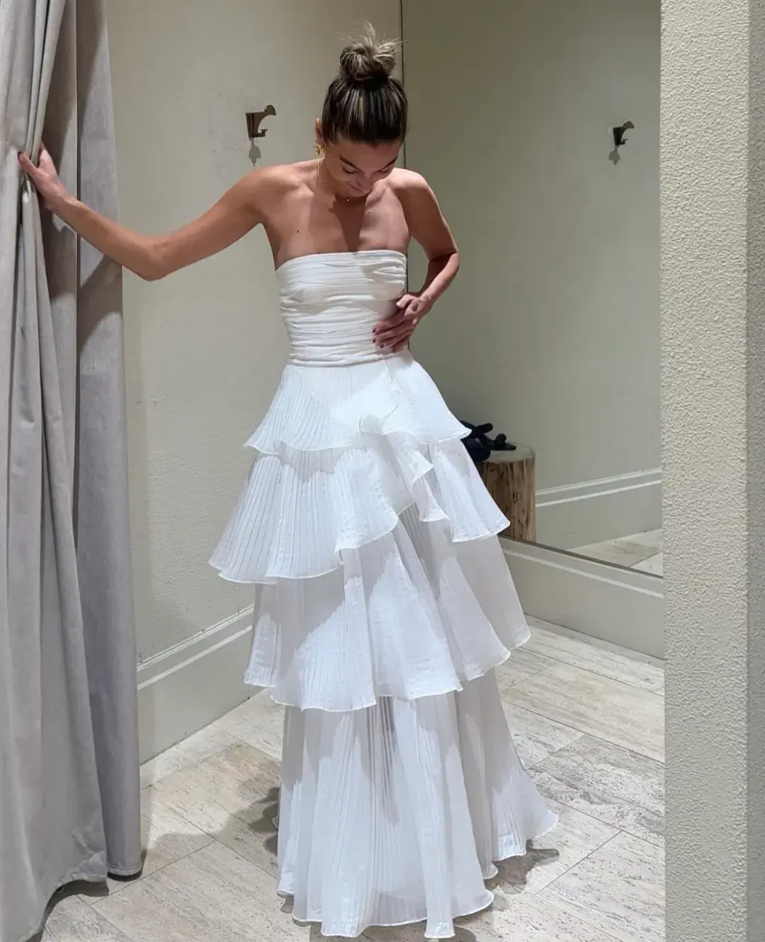 Aje Sunbeam Ruched Bustier and Cosmos Tiered Maxi Skirt Set Ivory Size 6 for rent on The Volte - main image