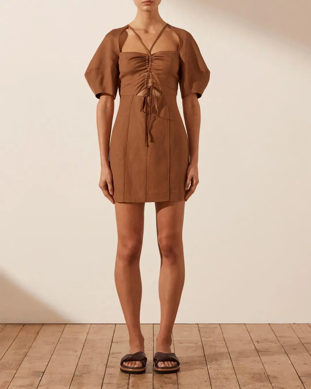 Shona Joy Jules Lace Front Lantern Sleeve Mini Dress Brown Size 8 for rent on The Volte - main image