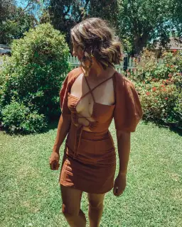 Shona Joy Jules Lace Front Lantern Sleeve Mini Dress Brown Size 8 for rent on The Volte - image 2