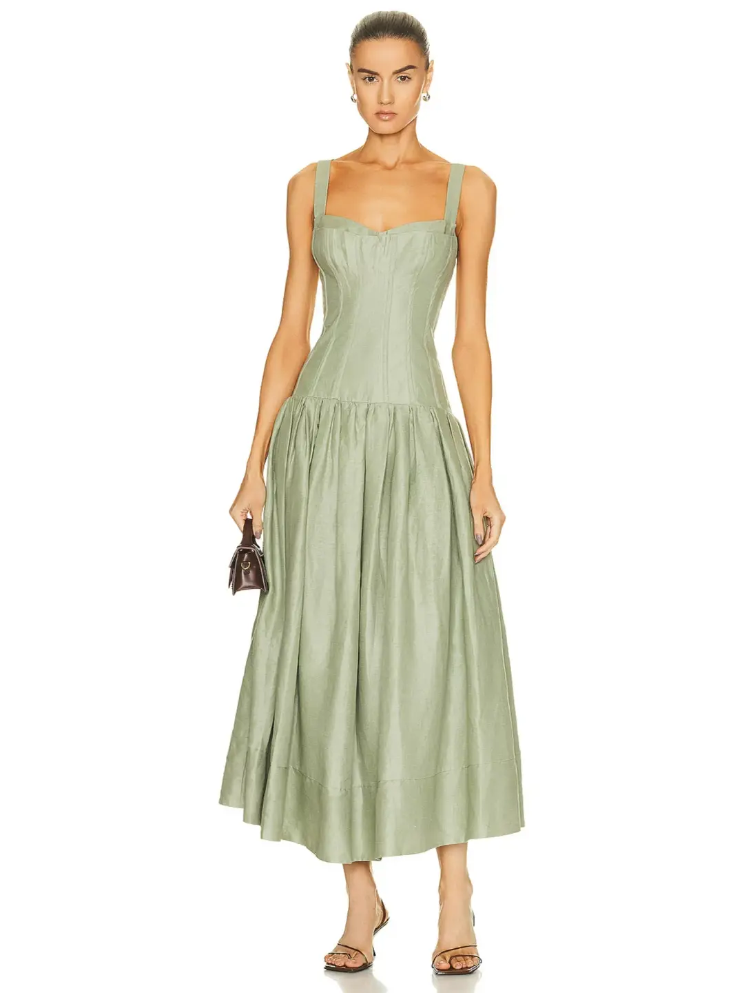 Nicholas Makenna Pleated Linen Midi Dress Green Size AU 10 for rent on The Volte - main image