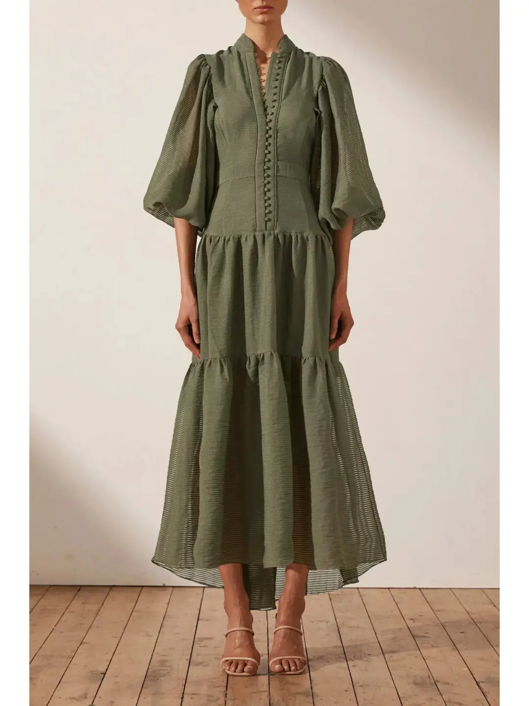 Shona Joy Charlotte High Neck Midi Dress Khaki Size AU 16 for rent on The Volte - main image