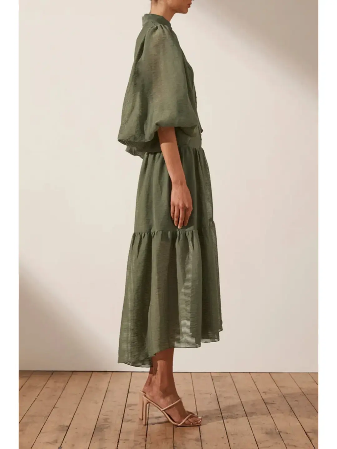 Shona Joy Charlotte High Neck Midi Dress Khaki Size AU 16 for rent on The Volte - main image
