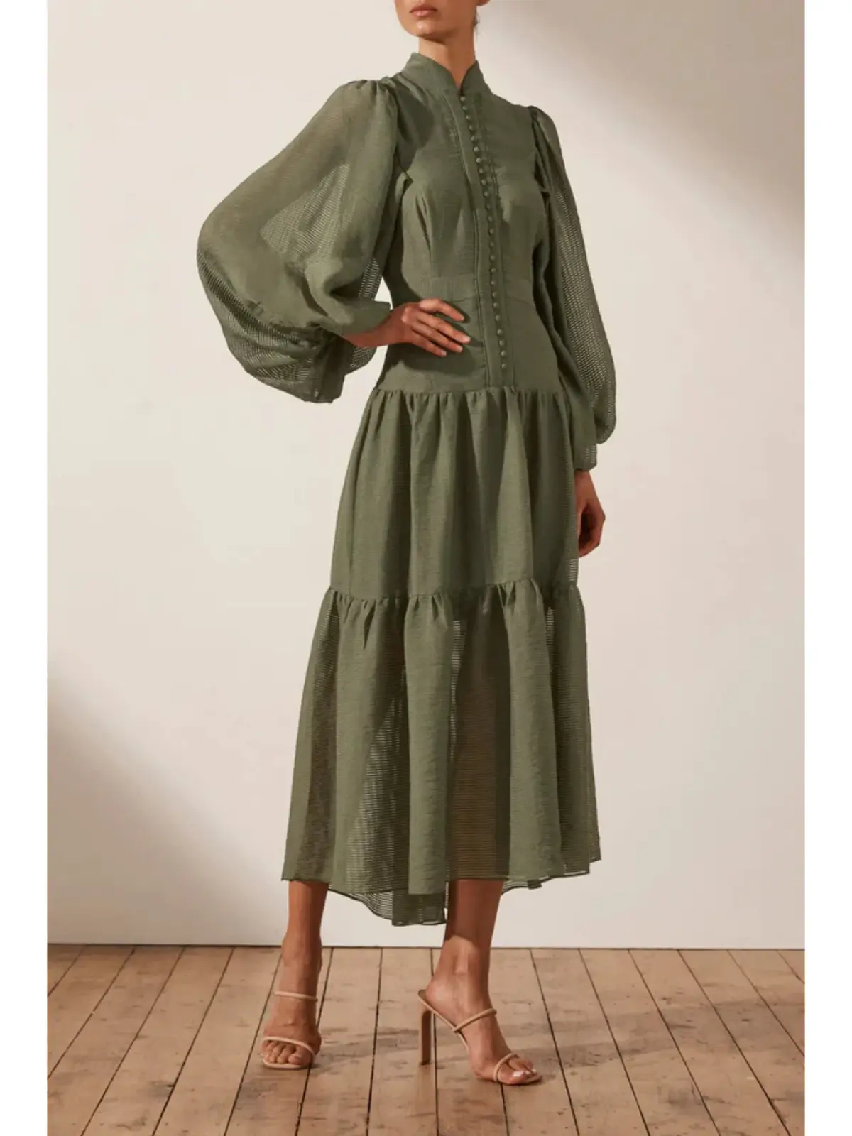 Shona Joy Charlotte High Neck Midi Dress Khaki Size AU 16 - Image 2