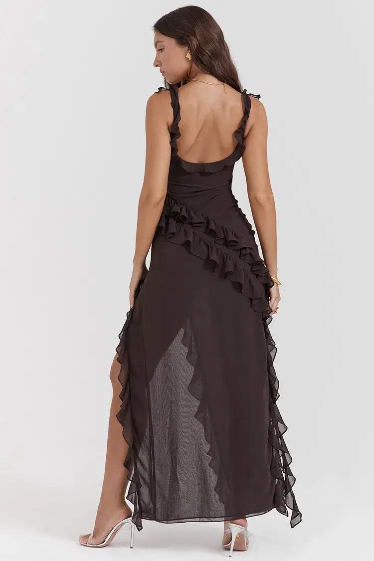 House Of CB Ariela Ruffle Maxi Dress Espresso Brown Size S / AU 8 for rent on The Volte - main image