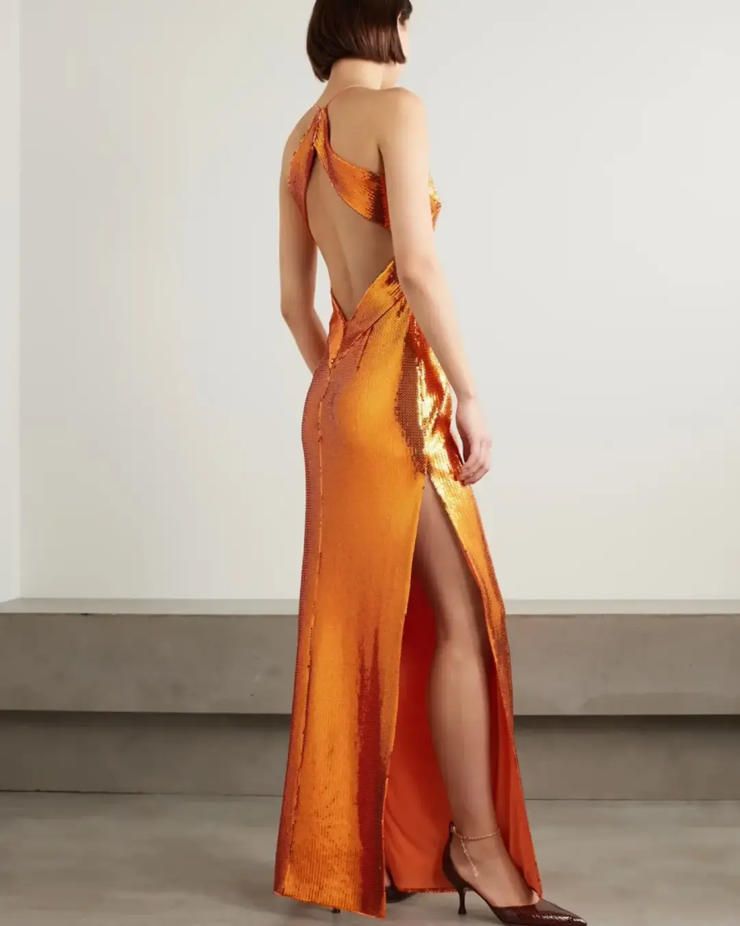 Galvan Kite Cutout Sequined Satin Maxi Dress Orange Size 8 for rent on The Volte - main image