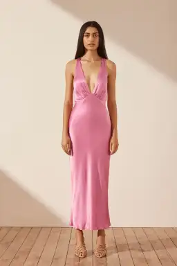 Shona Joy Arienzo Plunged Cross Back Midi Dress Ibis Rose Pink Size 4 for rent on The Volte - image 1