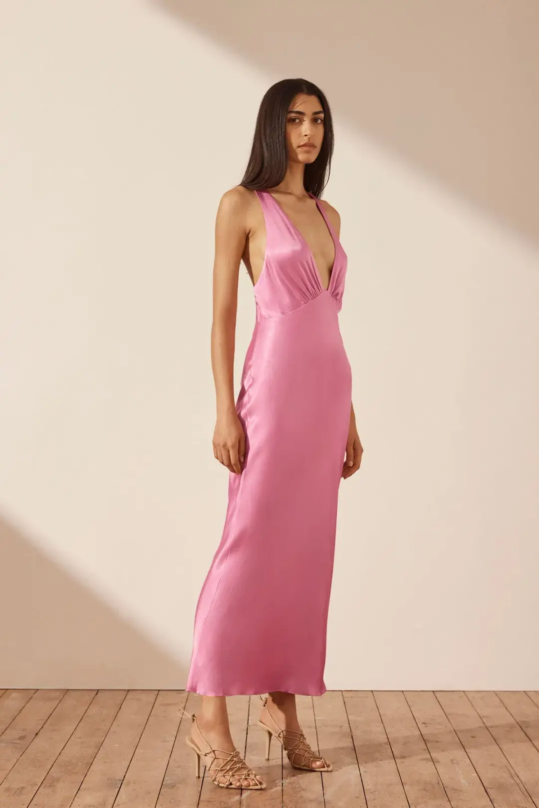 Shona Joy Arienzo Plunged Cross Back Midi Dress Ibis Rose Pink Size 4 for rent on The Volte - main image