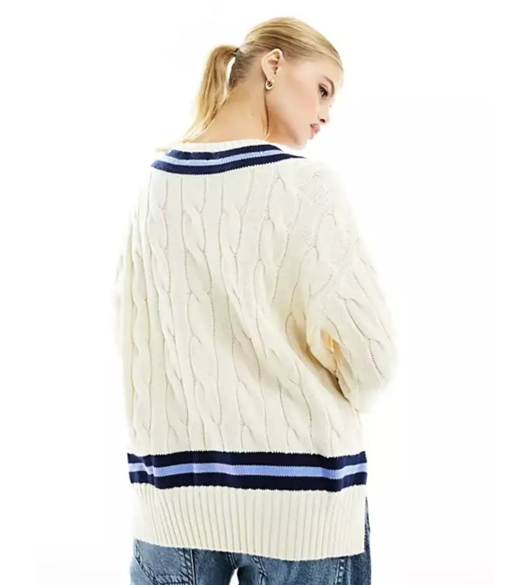 Polo Ralph Lauren Knitted V Neck Cricket Jumper With Stripe In Cream Size 10 for rent on The Volte - main image