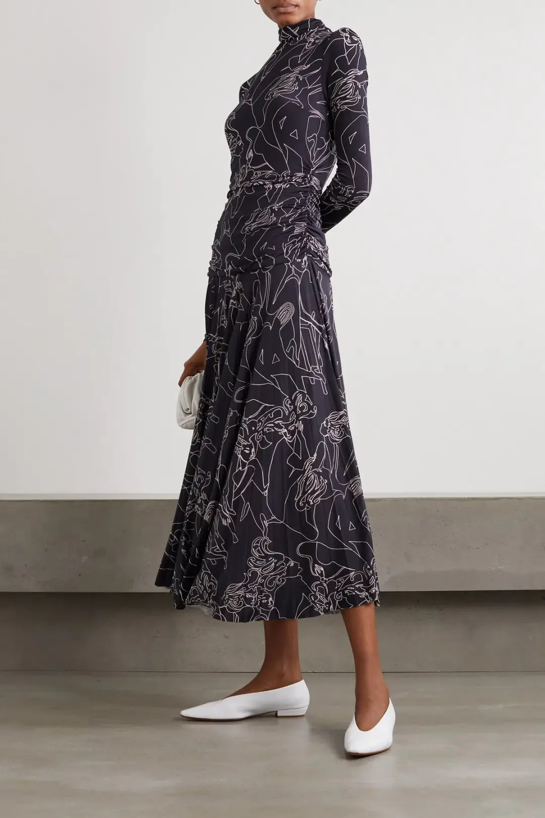 Victoria Beckham Pleated Printed Stretch Crepe Turtleneck Maxi Dress Navy Size 10 for rent on The Volte - main image