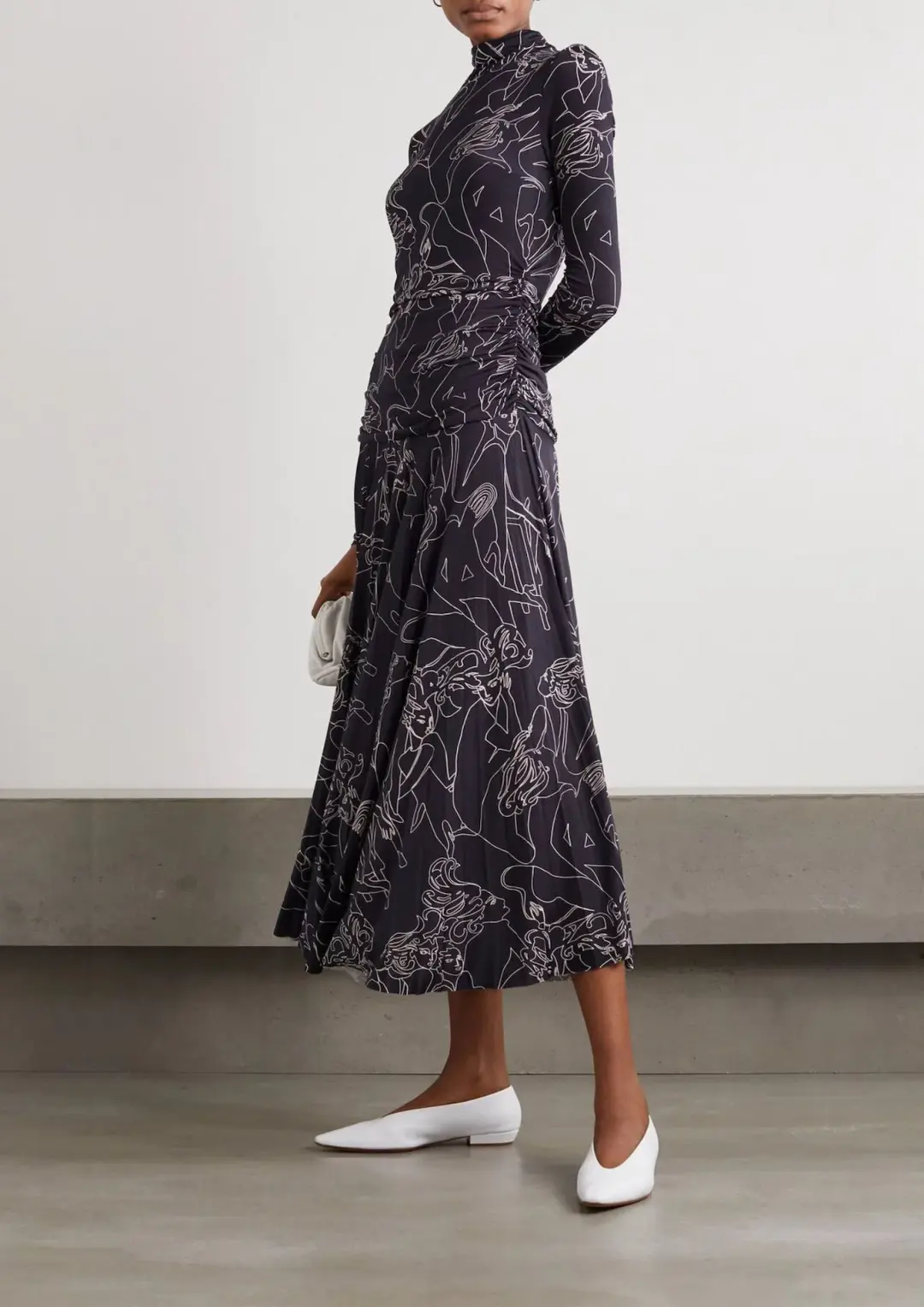 Victoria Beckham Pleated Printed Stretch Crepe Turtleneck Maxi Dress Navy Size 10 for rent on The Volte - main image