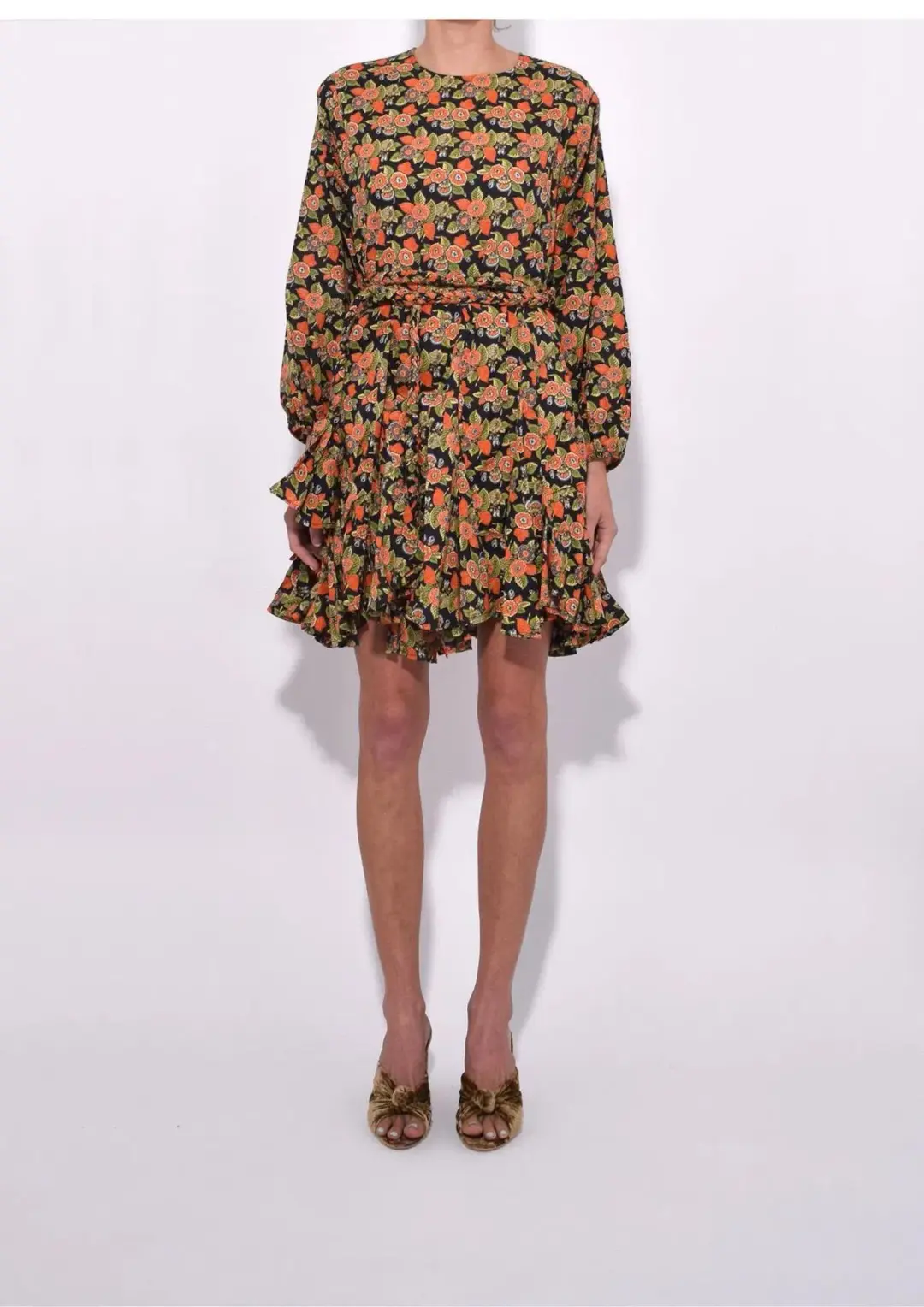 Rhode Resort Ella Long Sleeve Belted Fluted Mini Dress Floral Size XS / AU 6 for rent on The Volte - main image