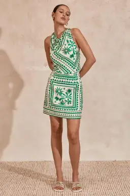 Mon Renn Losas Mini Dress Green/Print Size 12