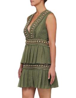 Khaki Lace Pleat Mini Dress Size 8