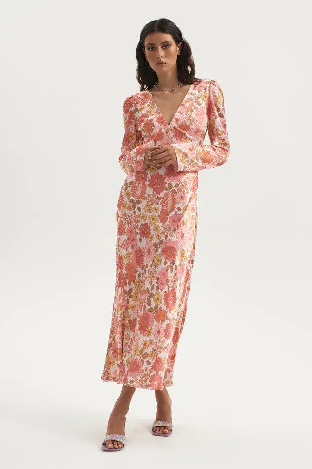 Ownley Zaliah Bias Backless Midi Dress Pink Floral Size S / AU 8 for rent on The Volte - main image