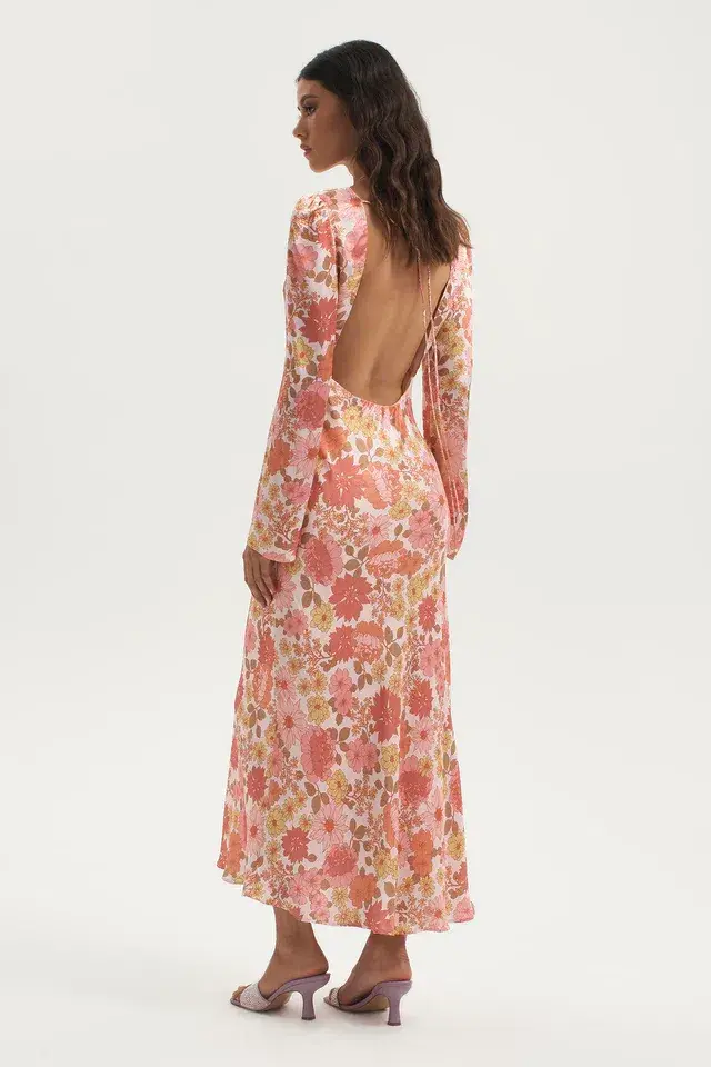 Ownley Zaliah Bias Backless Midi Dress Pink Floral Size S / AU 8 for rent on The Volte - main image