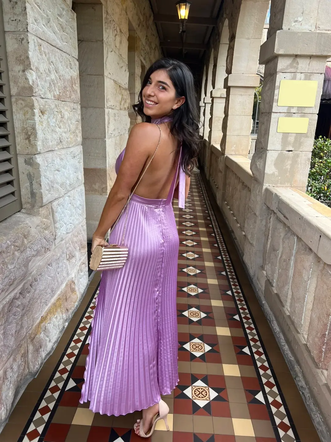 L'Idée Pleated Halterneck Dress Violet Purple Size 8 for rent on The Volte - main image