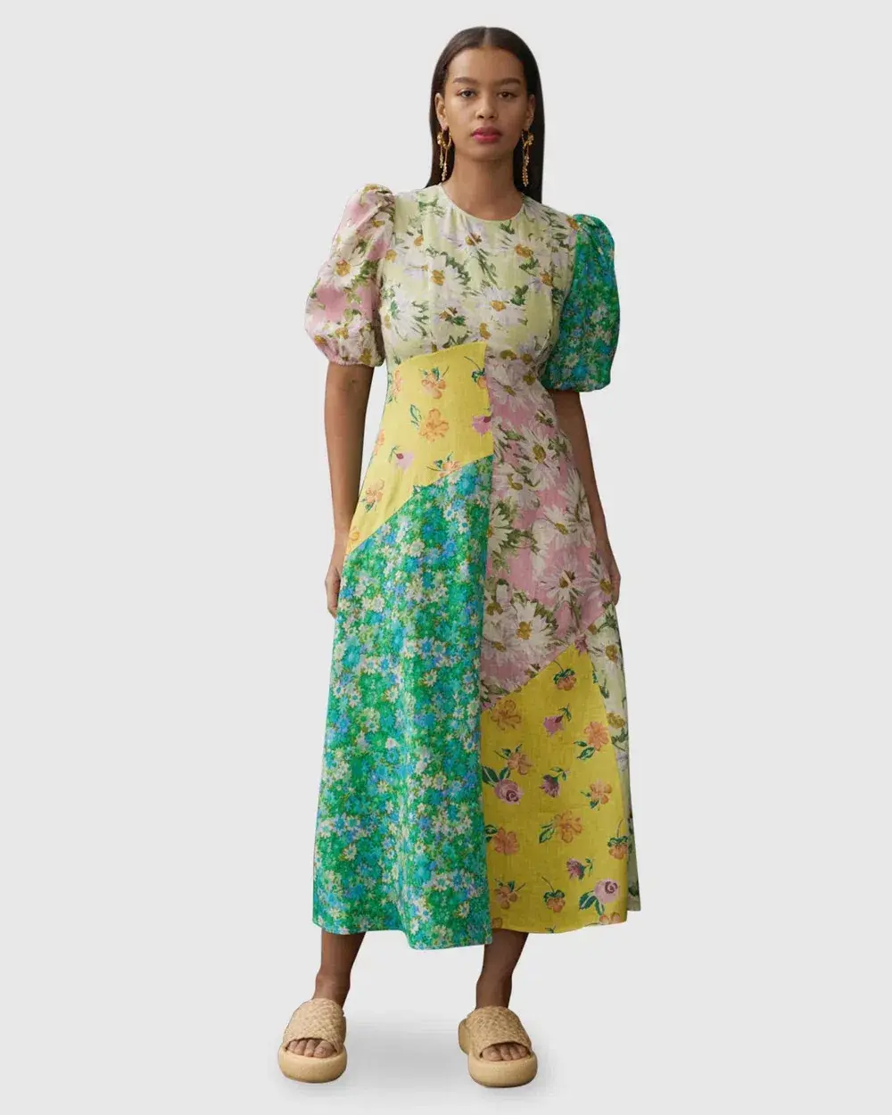 Alemais Kenzie Patchwork Linen Midi Dress Floral Size 10 for rent on The Volte - main image