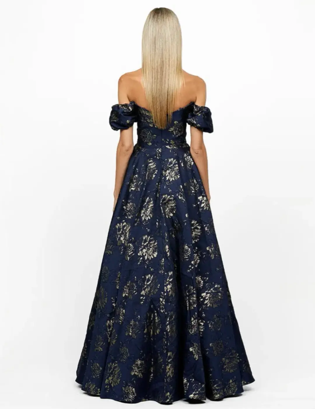 Bariano Sandy Sweetheart Off Shoulder Gown Navy/Gold Size 16 for rent on The Volte - main image