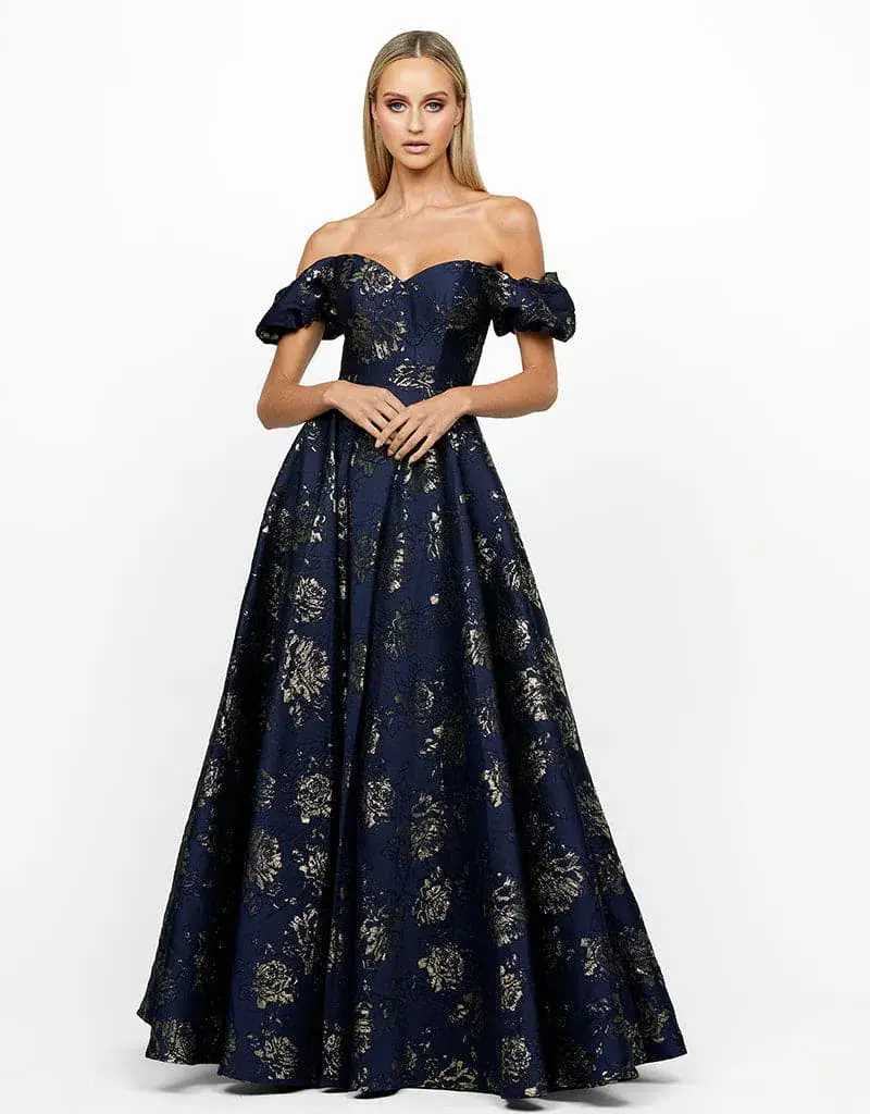 Bariano Sandy Sweetheart Off Shoulder Gown Navy/Gold Size 16 for rent on The Volte - main image