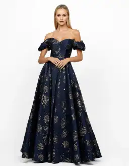 Bariano Sandy Sweetheart Off Shoulder Gown Navy/Gold Size 16 for rent on The Volte - image 1