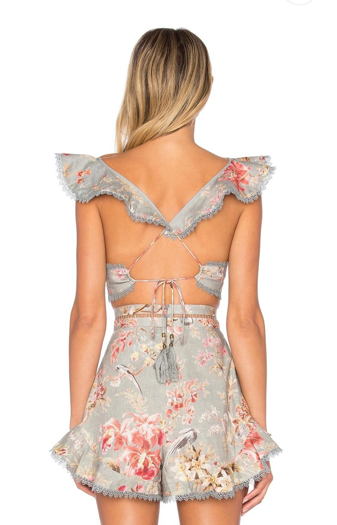 Zimmermann Mercer Flutter Frill Top Size 1/AU 10 and Shorts Size 0/AU 8 Set Blue Floral for rent on The Volte - main image