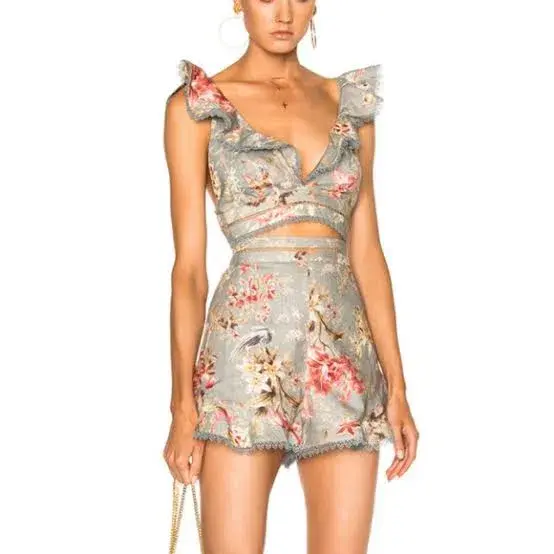 Zimmermann Mercer Flutter Frill Top Size 1/AU 10 and Shorts Size 0/AU 8 Set Blue Floral for rent on The Volte - main image