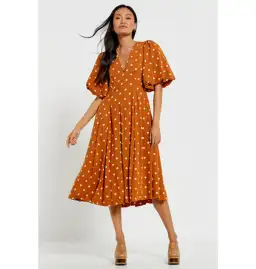 Bohemian Traders Panel Fit And Flared Midi Dress In Brown Dot Size AU 20 for rent on The Volte - image 1