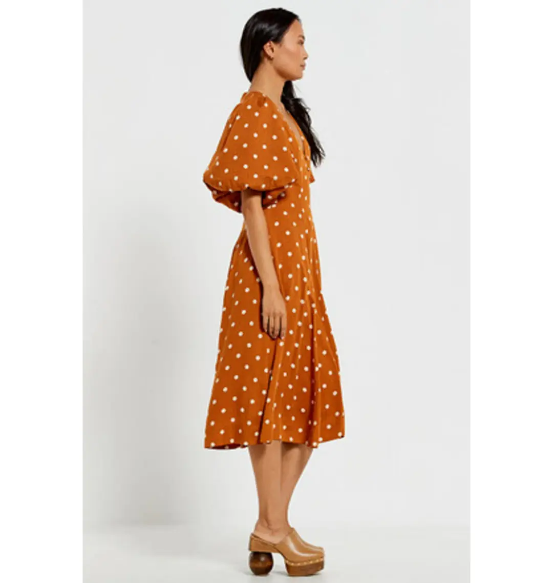Bohemian Traders Panel Fit And Flared Midi Dress In Brown Dot Size AU 20 for rent on The Volte - main image