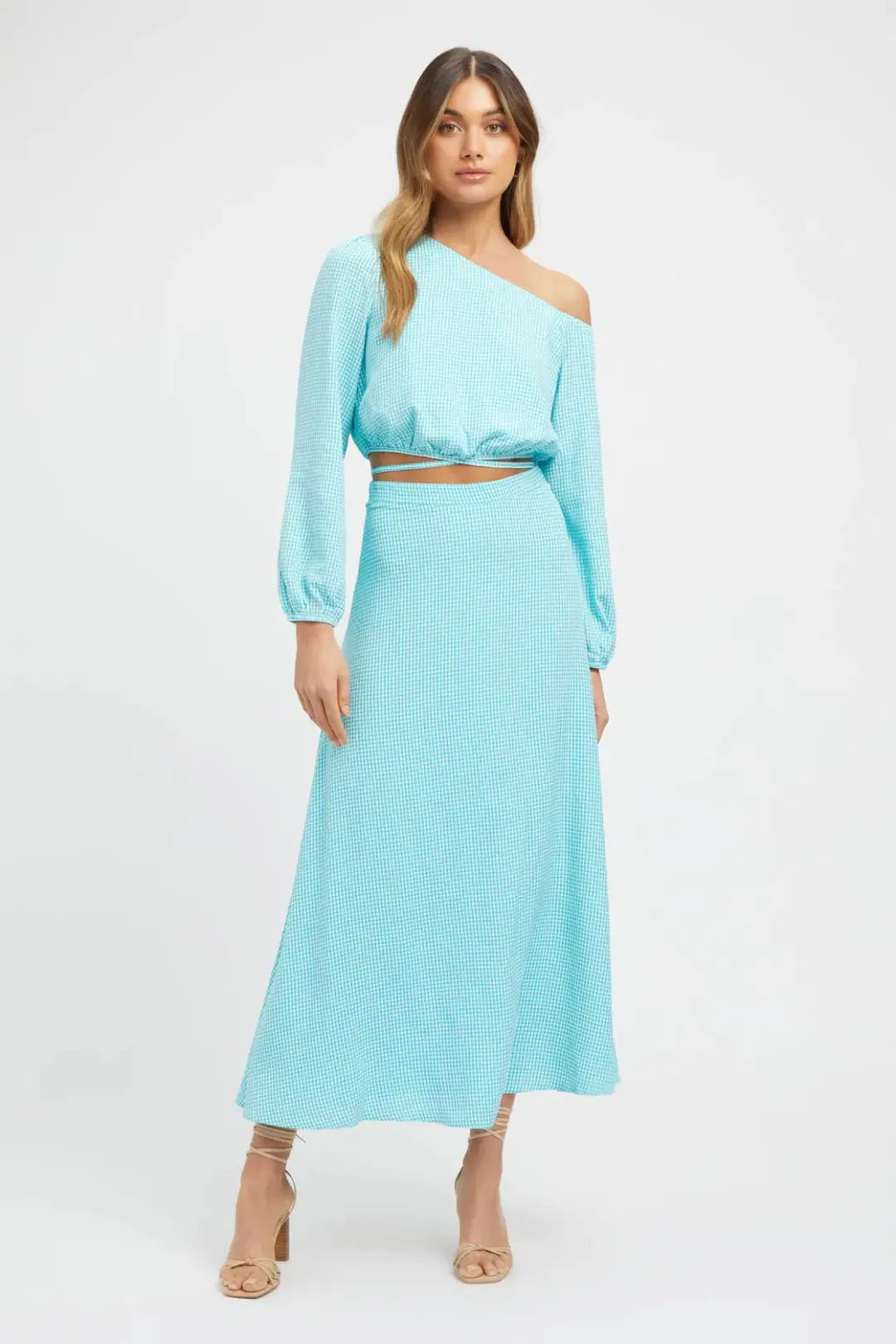 Kookai Brady Long Sleeve Top and Midi Skirt Set Aqua/White Size 36 / AU 8 for rent on The Volte - main image