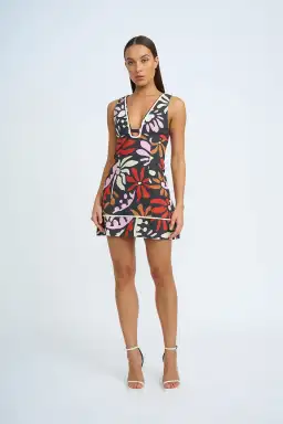 By Johnny Dandy Breeze V Front Mini Dress in Black Multi Size 12