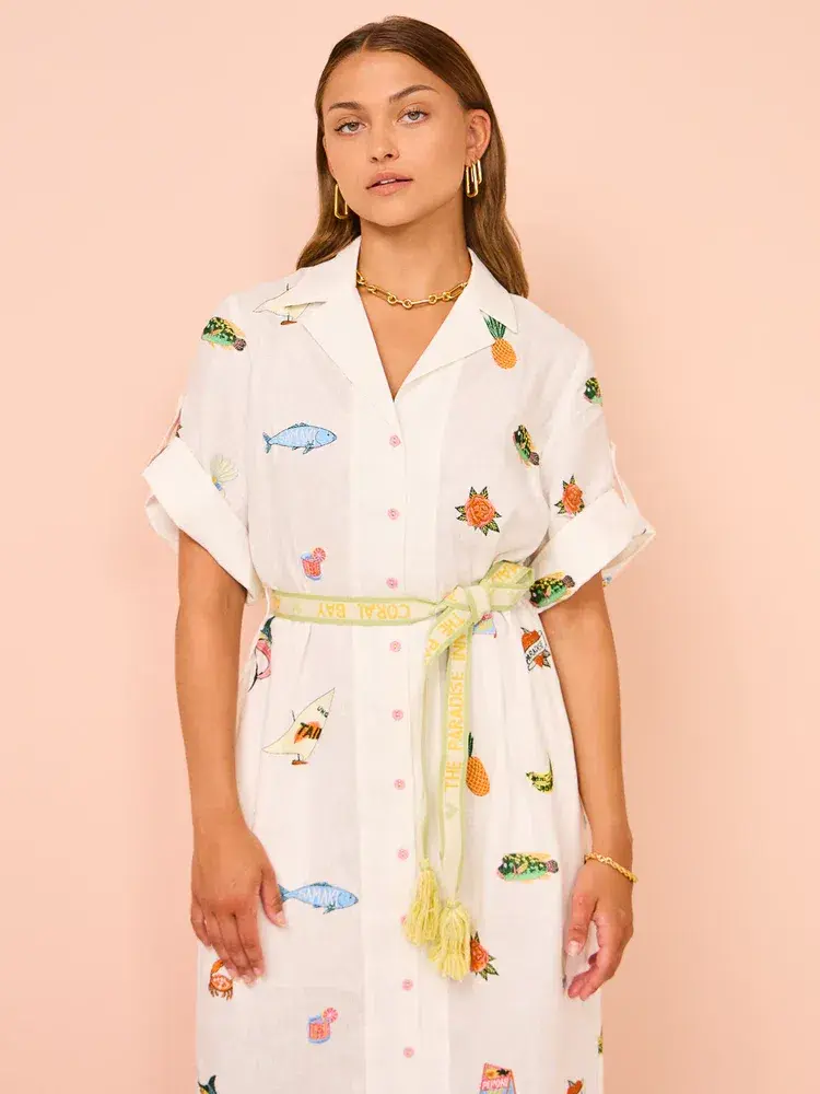 Alemais Blue Marlin Embroidered Dress In Cream Print Size 8 for rent on The Volte - main image