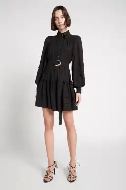 Aje Aurora Belted Trim Puff Sleeve Mini Shirt Dress Black Size 8 for rent on The Volte - image 1