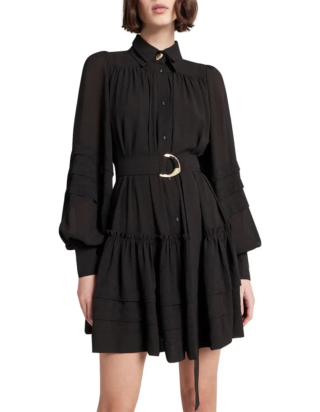 Aje Aurora Belted Trim Puff Sleeve Mini Shirt Dress Black Size 8 for rent on The Volte - main image