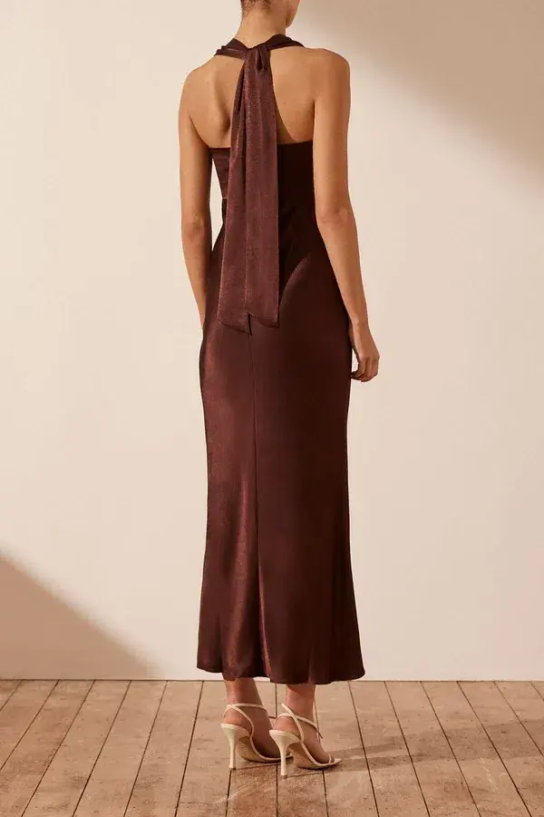 Shona Joy Lana Ruched Halter Midi Dress in Cocoa Size 14 for rent on The Volte - main image