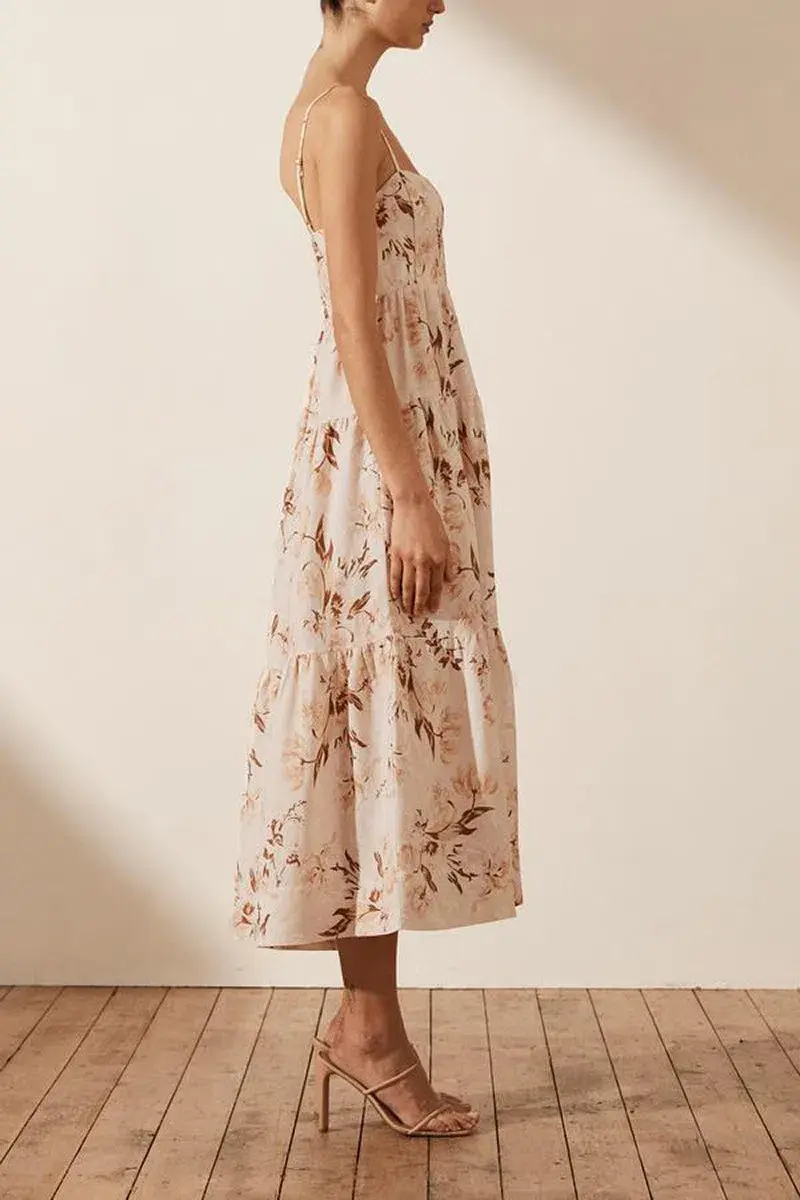Shona Joy Roxane Linen Tiered Midi Dress Floral Size 6 for rent on The Volte - main image