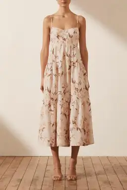 Shona Joy Roxane Linen Tiered Midi Dress Floral Size 6 for rent on The Volte - image 1