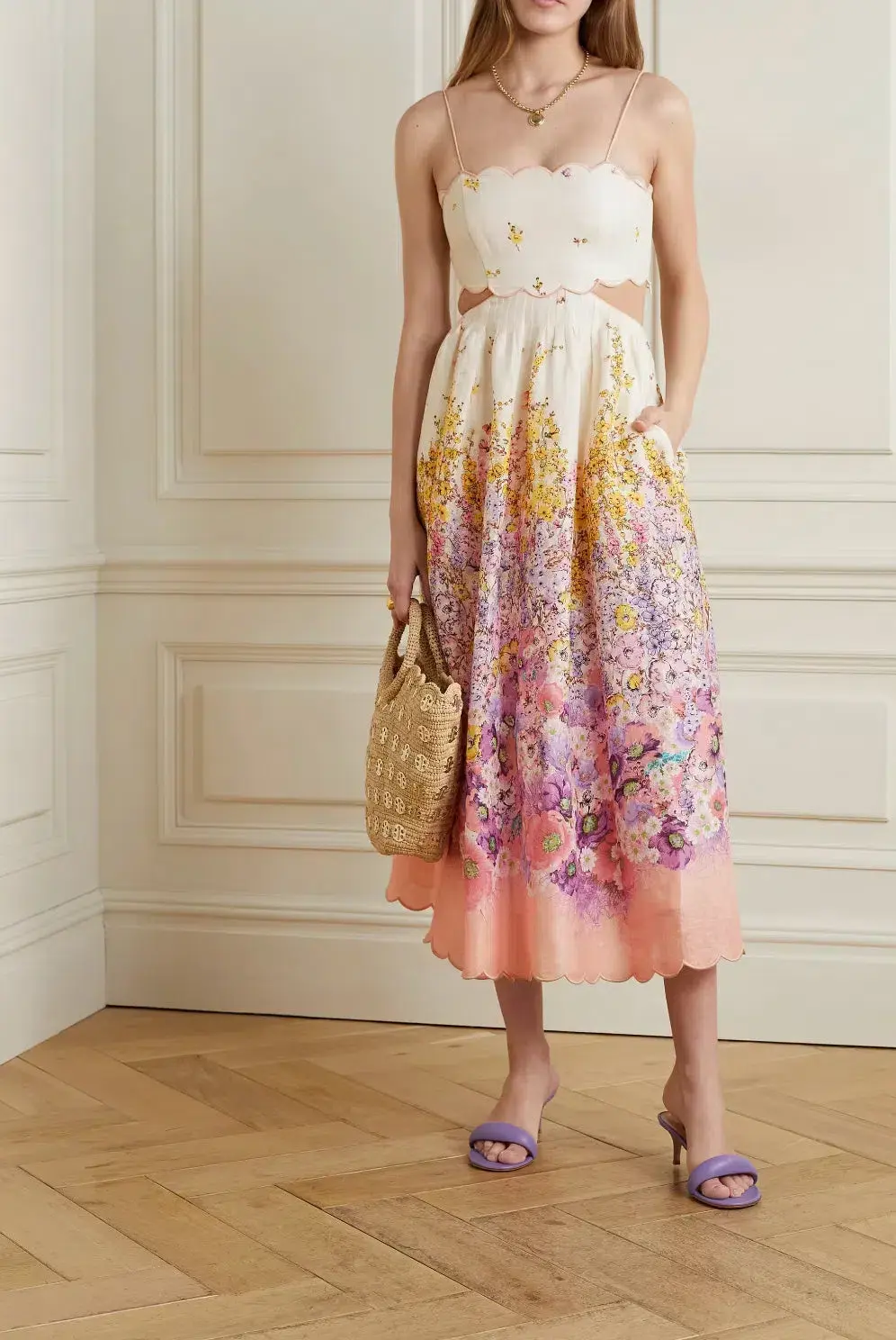 Zimmermann Jude Scallop Midi Dress Peach Gradient Floral Size 0P / AU 6 for rent on The Volte - main image