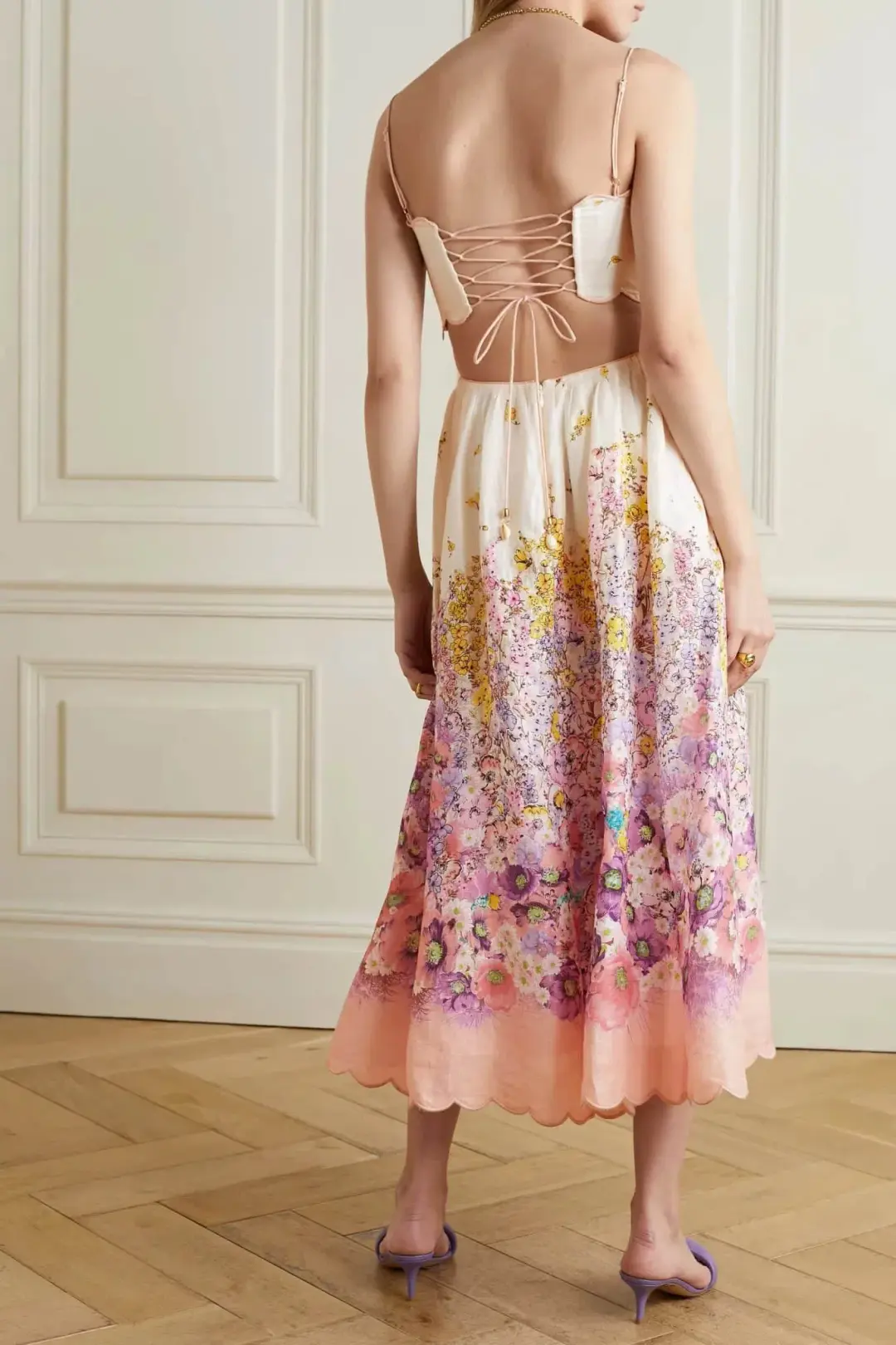 Zimmermann Jude Scallop Midi Dress Peach Gradient Floral Size 0P / AU 6 for rent on The Volte - main image
