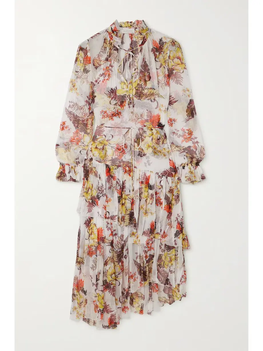 Zimmermann Matchmaker Tiered Midi Dress Ivory Tropical Floral Size 0P / AU 6 for rent on The Volte - main image