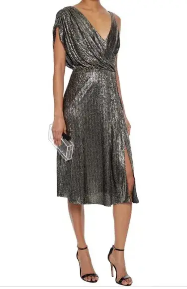 Alice & Olivia Roxy Drape Midi Dress Metallic Size 10 for rent on The Volte - main image