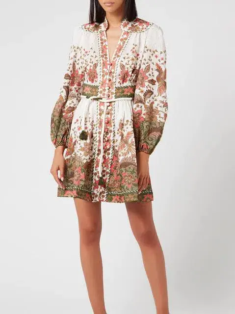 Zimmermann Empire Batik Mini Dress Khaki/Floral Size 3 / AU 14 for rent on The Volte - main image