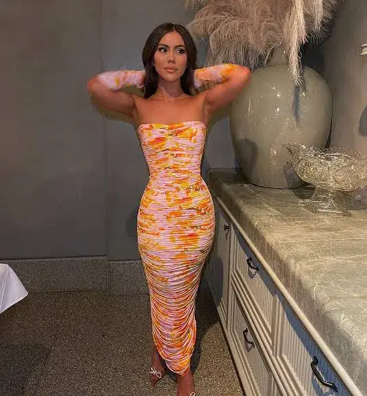 Alex Perry Parton Ruched Strapless Midi Dress with Gloves Multi Size 6AU for rent on The Volte - main image