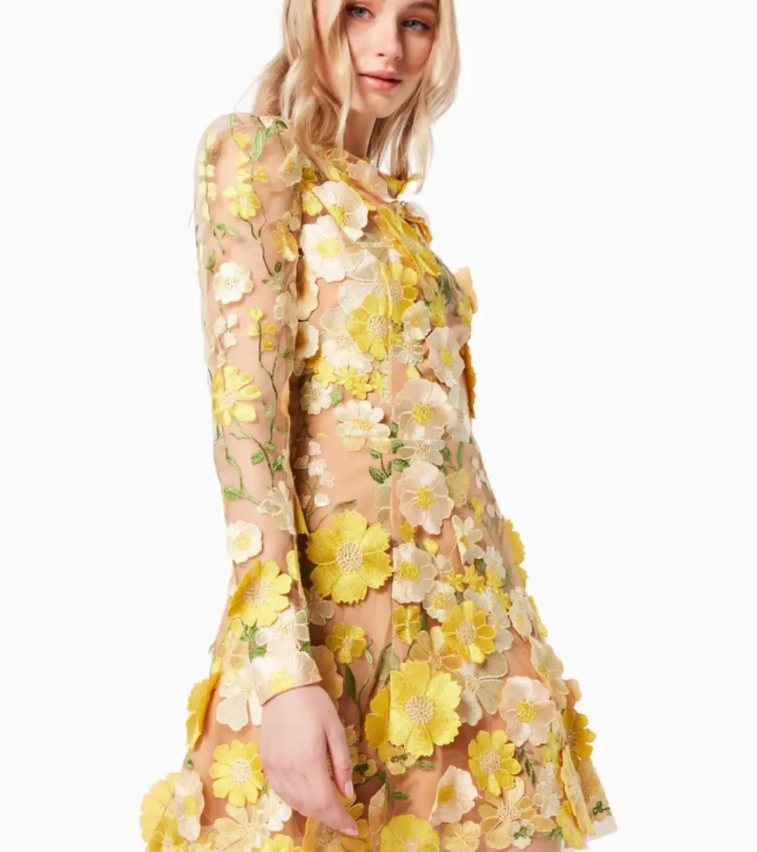 Elliatt Goldenvoice 3D Floral Mini Dress in Yellow Size 8 for rent on The Volte - main image